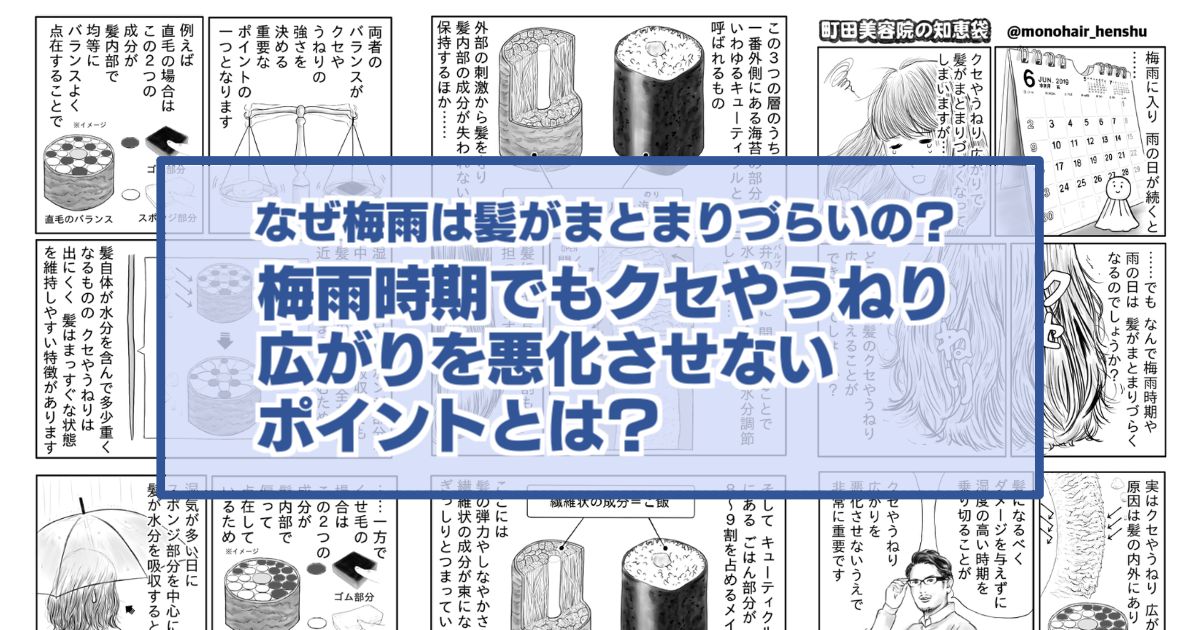 漫画 なぜ梅雨は髪がまとまりづらくなるの 梅雨時期でもクセやうねり 広がりを悪化させないポイントとは 町田美容院の知恵袋